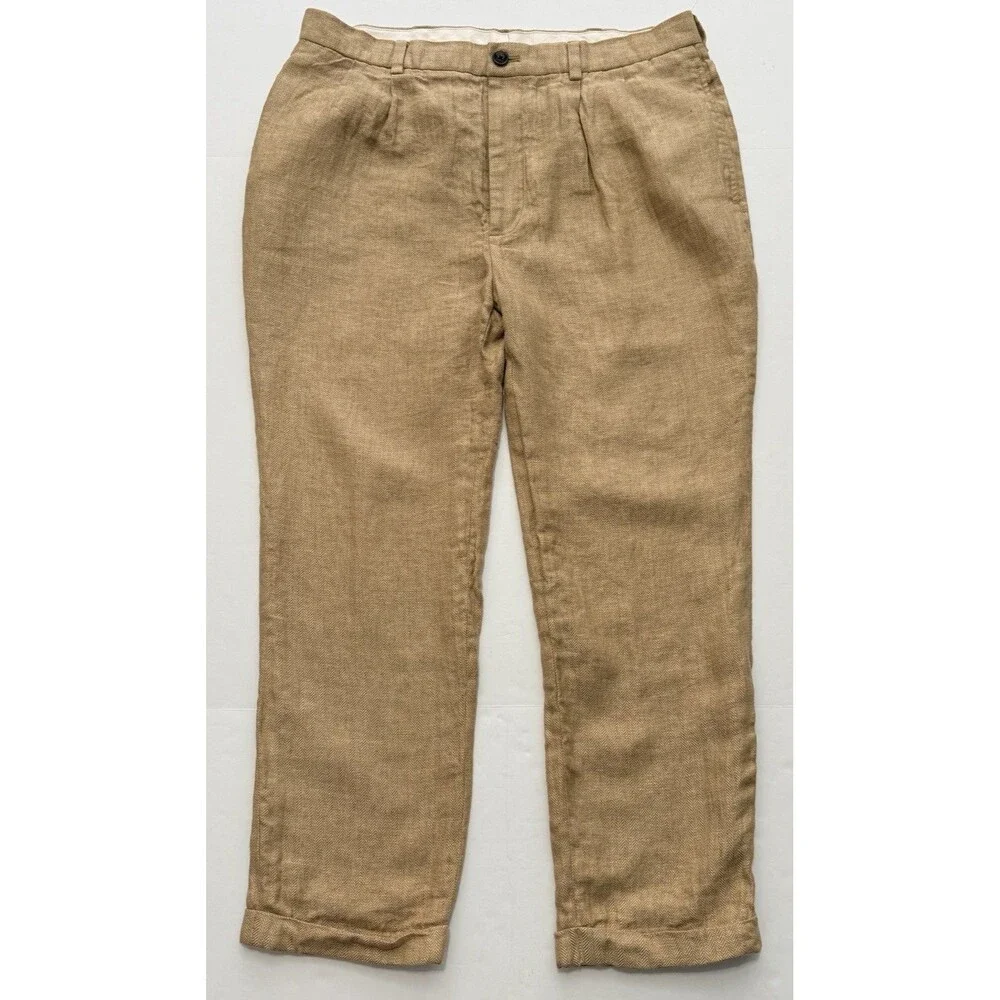 Brooks Brothers 346 Pants Mens 38X30 Fits 36X27 Beige Linen Herringbone Slacks